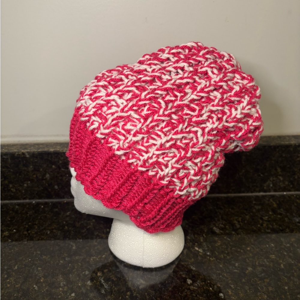 NWOT Teen/Adult Knit Hot Pink and White Beanie